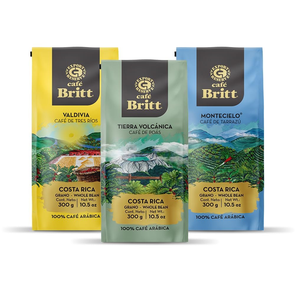 Café Britt® – Costa Rican Origins Coffee Bundle (10.5 oz.) (3-Pack) (Coffee From: Tarrazú, Tres Ríos & Poás) – Whole Bean, Arabica Coffee, Kosher, Gluten Free, Gourmet & Medium Light & Dark Roast