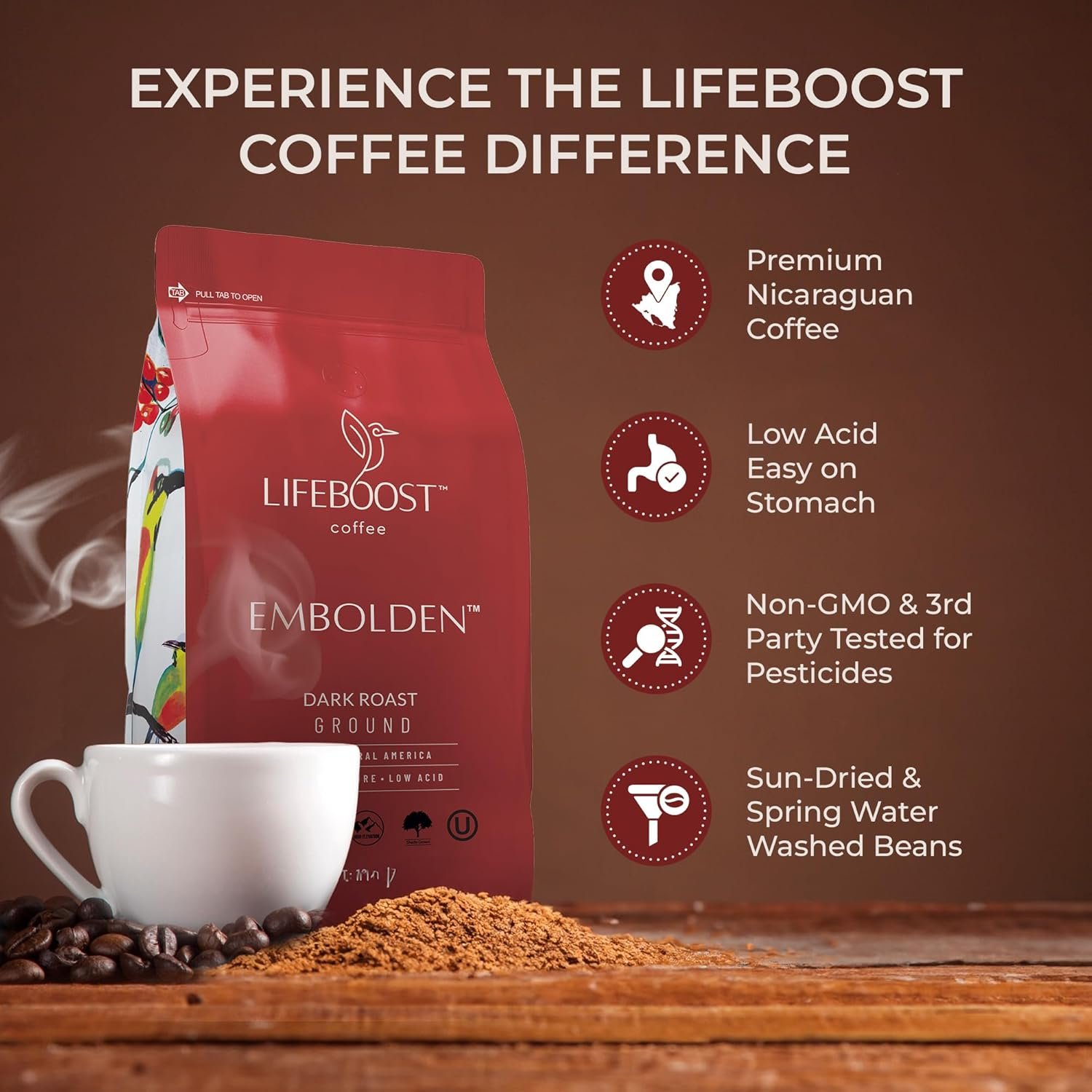 Lifeboost Dark Roast Ground Coffee - Non-GMO Low Acid Single Origin USDA Organic Dark Roast Coffee - Third Party Tested For Mycotoxins & Pesticides - 12 Ounces - Image 2