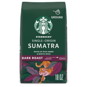 Starbucks Ground Coffee, Dark Roast Coffee, Sumatra, 100% Arabica, 1 bag (18 oz) | 100% Arabica ground coffee; single-origin Sumatra dark roast; single 18 oz bag