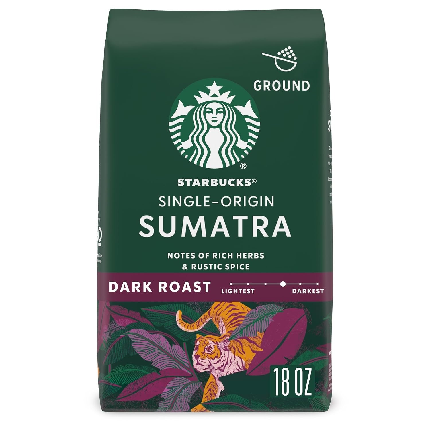 Starbucks Ground Coffee, Dark Roast Coffee, Sumatra, 100% Arabica, 1 bag (18 oz) | 100% Arabica ground coffee; single-origin Sumatra dark roast; single 18 oz bag